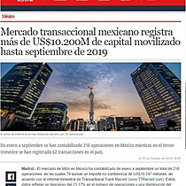 Mercado transaccional mexicano registra ms de US$10.200M de capital movilizado hasta septiembre de 2019